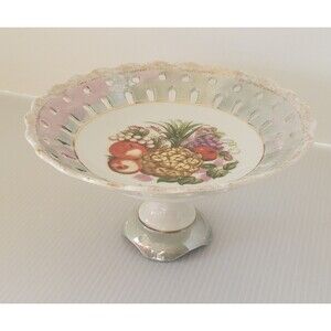 Antique Ucagco Pedestal Footed Pierced Fruit Hand Painted Ceramic Plate Luster